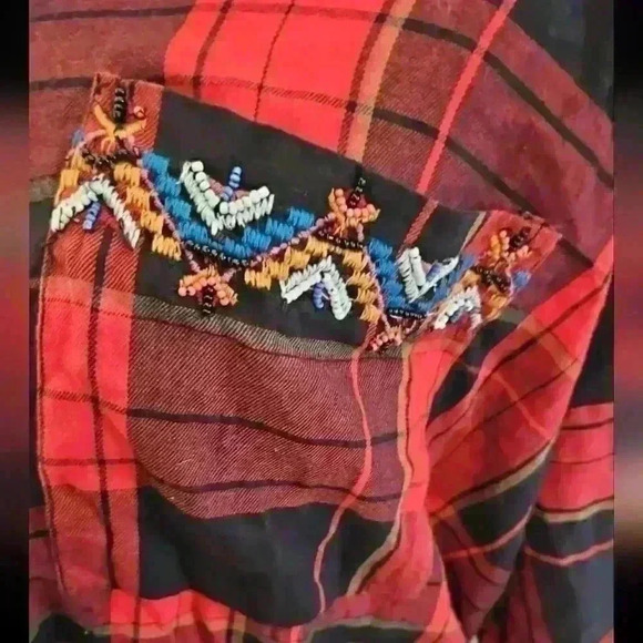 Zara Womens Red And Black Plaid Embroidered And Embellished Long Sleeve Top L - Picture 7 of 14